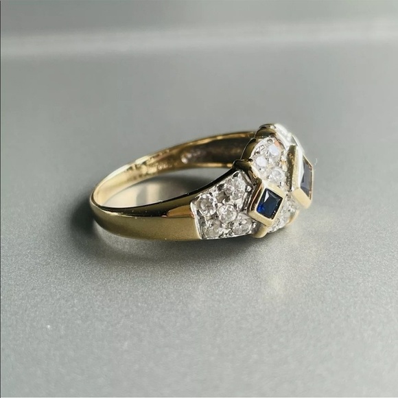 Estate 14k Gold Sapphire & Diamonique Cubic Zirconia Dome Ring - Picture 7 of 11